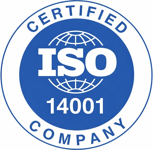 ISO 14001 Certified Company badge with blue circle and globe graphic