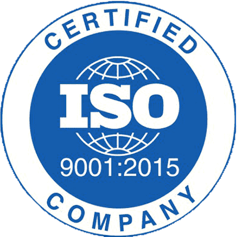 Blue circular ISO 9001:2015 Certified Company seal featuring a globe motif and white border